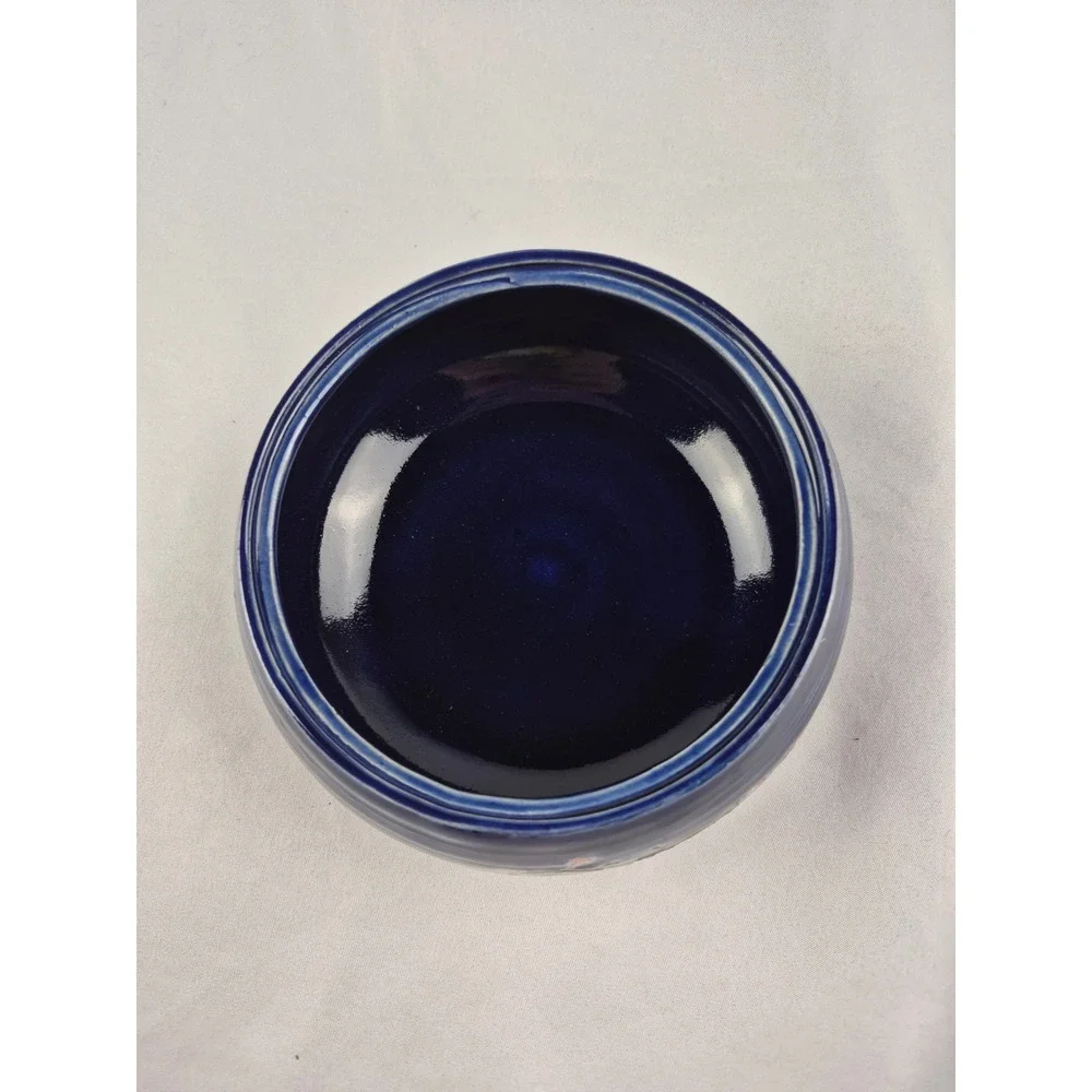 Signed Studio Art Pottery Covered Candy Dish Bathroom Vanity Jar Blue with Lid